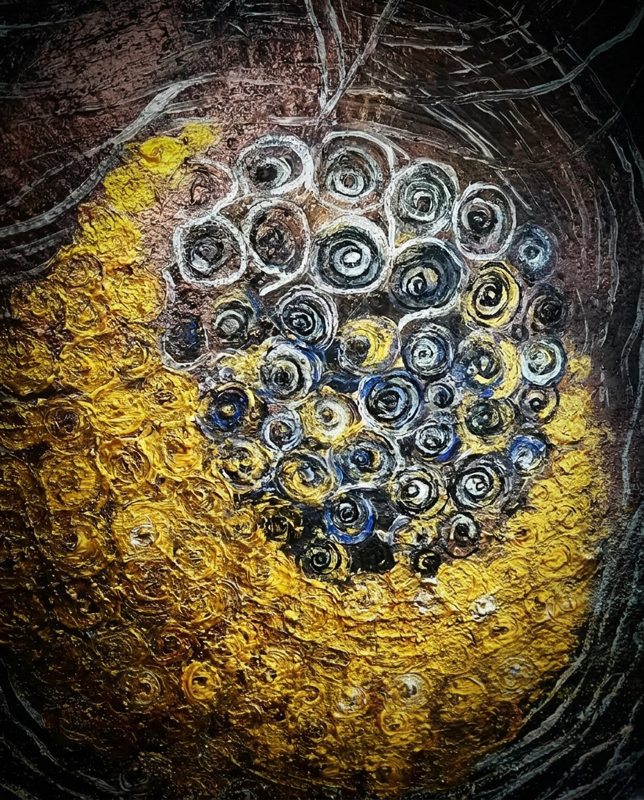 Artwork by Inga Zollinger: gold and silver spirals emerging from darkness